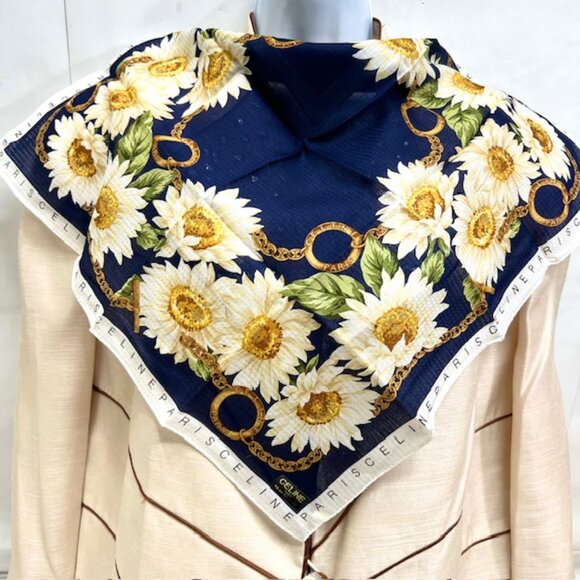 Celine Accessories - New Tag On Celine Paris, Cotton/Silk Mini Scarf 19" blue white green Floral (39)